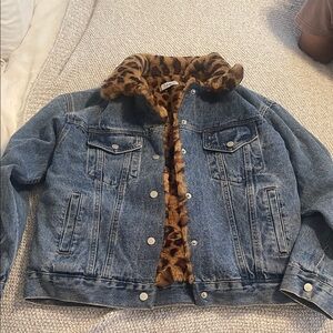 Adika Blue Denim Jacket with Leopard Faux Fur